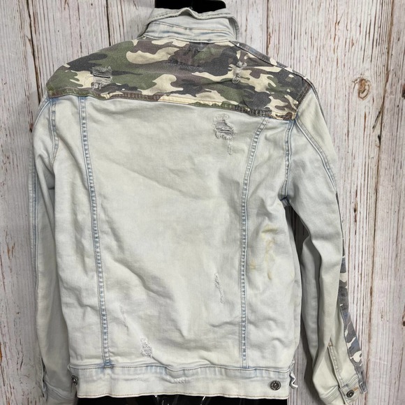 y2k 2000s Arizona Jeans Men Denim Jacket Size M Light Blue Camo Sleeves STAINS - Picture 2 of 6